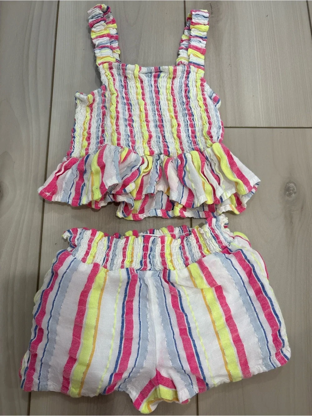 Andy & Evan Pink Yellow Blue Striped Girls Two-Piece Ruffle Set